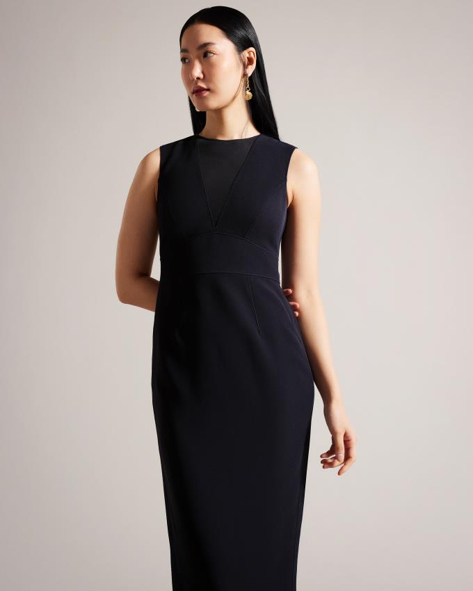 Peignoir Ted Baker Midi Bodycon With Sheer V-Neck Bleu Marine Femme | HVX-06471808